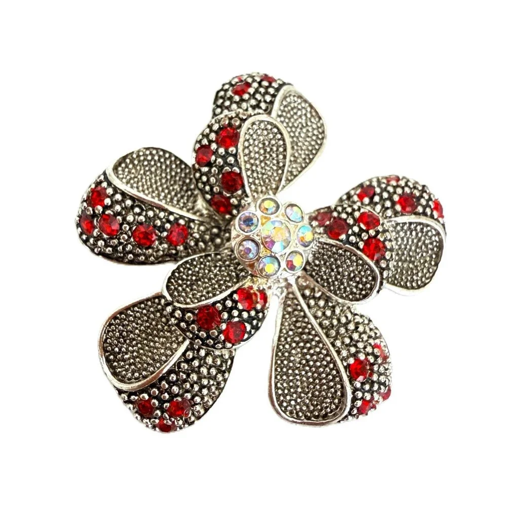 Vintage Silver Tone Textured Flower Brooch Pin Red AB Rhinestone Center